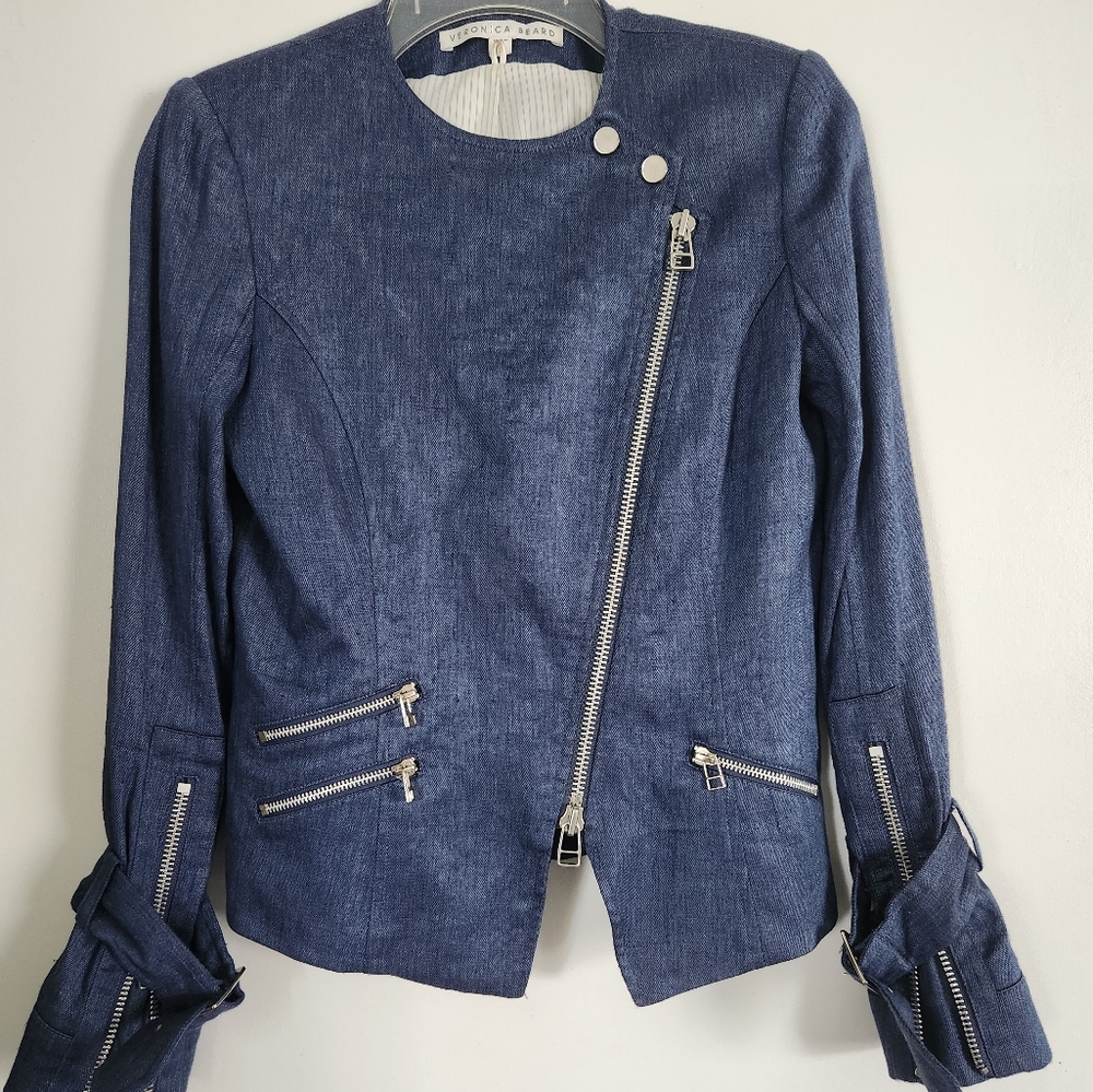 Veronica Beard Jordan Collarless Moto Jacket Blue Size 0